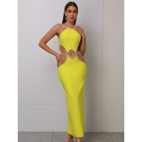 Women Celebrity Sexy Backless Halter Beading Maxi Long Lemon Yellow Bandage Dress 2023 Elegant Evening Club Party Dress