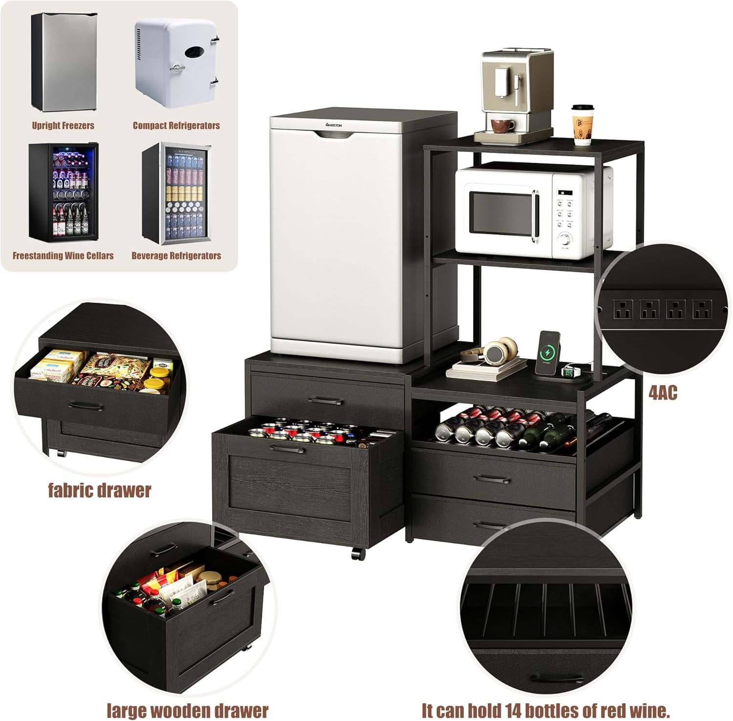 Herture Mini Fridge Stand with Wine Rack, Kitchen Bakers Rack with Power Outlet, Microwave Oven Stand, Coffee Bar, Movable Drawers, for Dorm,Office, Black HB04BXB