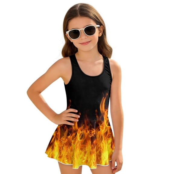 COEQINE Girls One Piece Swimsuit with Skirt Sleeveless Cute Skirted Bathing Suit Hawaiian Swimwear for Kids 3-4 Years, Summer Swim Dress for Water Play, Fire Flame Black