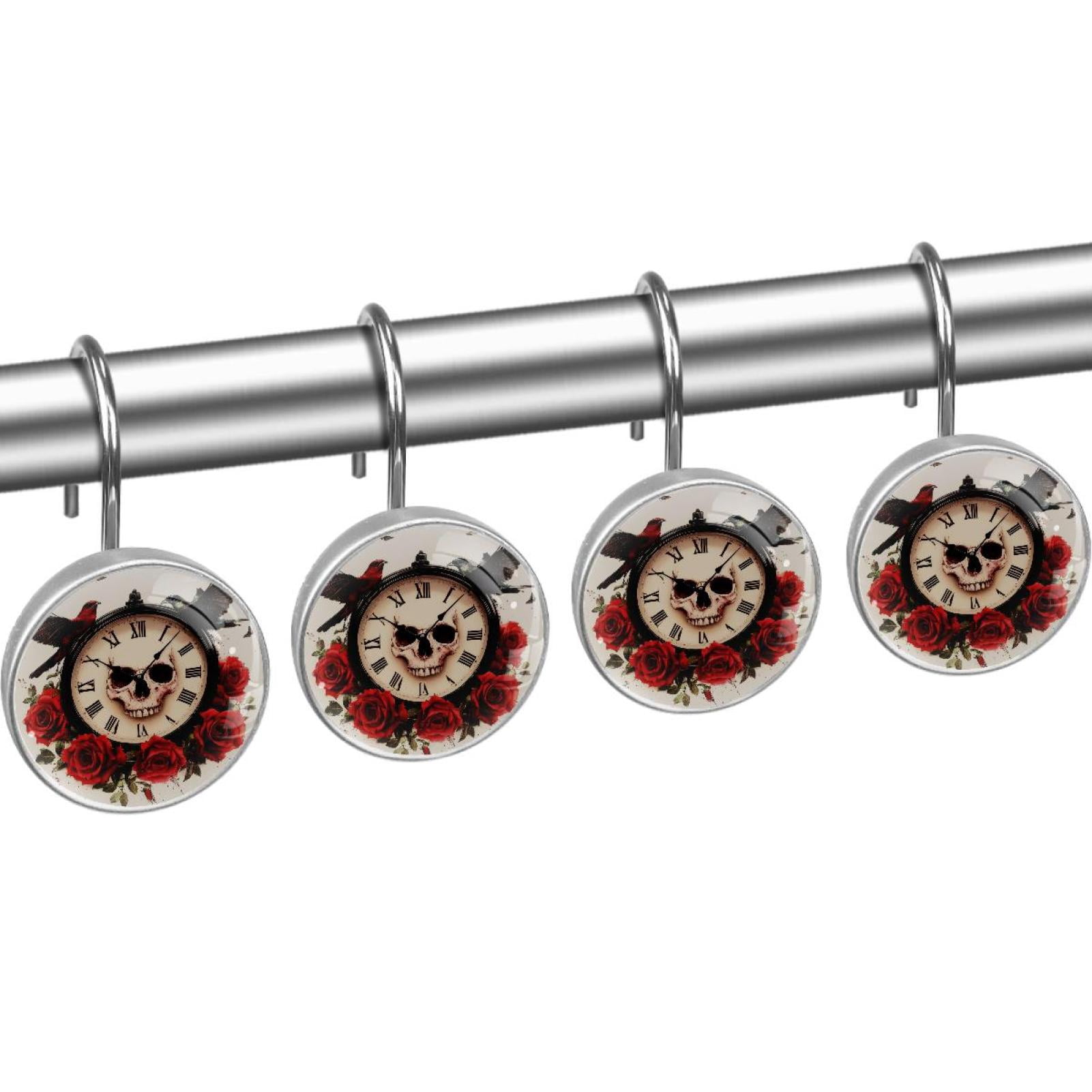 Red Rose Skull Clock Birds Shower Curtain Hooks Round Crystal Glass, Set of 12 Shower Curtain Rings - Shower Hooks for Curtain Shower Rings