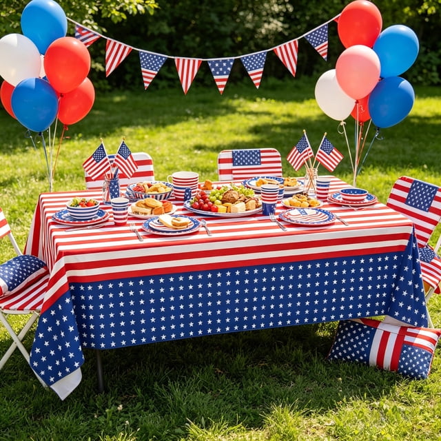 Disposable Patriotic Tablecloth 107x51 Inch Waterproof Plastic for 4th of July, Memorial Day, Labor Day Party Decorations, Fits Standard Rectangular Tables, Easy Cleanup