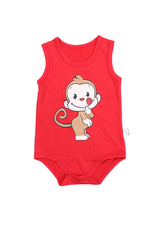 BESTONZON 80cm Newborn baby Infant Summer Clothing Cotton Cartoon Sleeveless Climbing Clothes Jumpsuit Casual triangle Romper (Bright Red monkey)