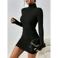 thumbnail image 4 of Women'S Rib Knit Ruched Long Sleeve Short Bodycon Dresses High Neck Slim Fit High Waist Sweater Dress Black L, 4 of 7