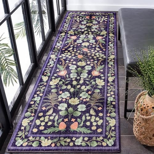 Runner Rug, 2x6 Washable Runners for Hallways, Non-Slip Purple Area Rugs for Bedroom Office Entryway Kitchen, Vintage Floral Low Pile Rug Living Room,Purple and Blue