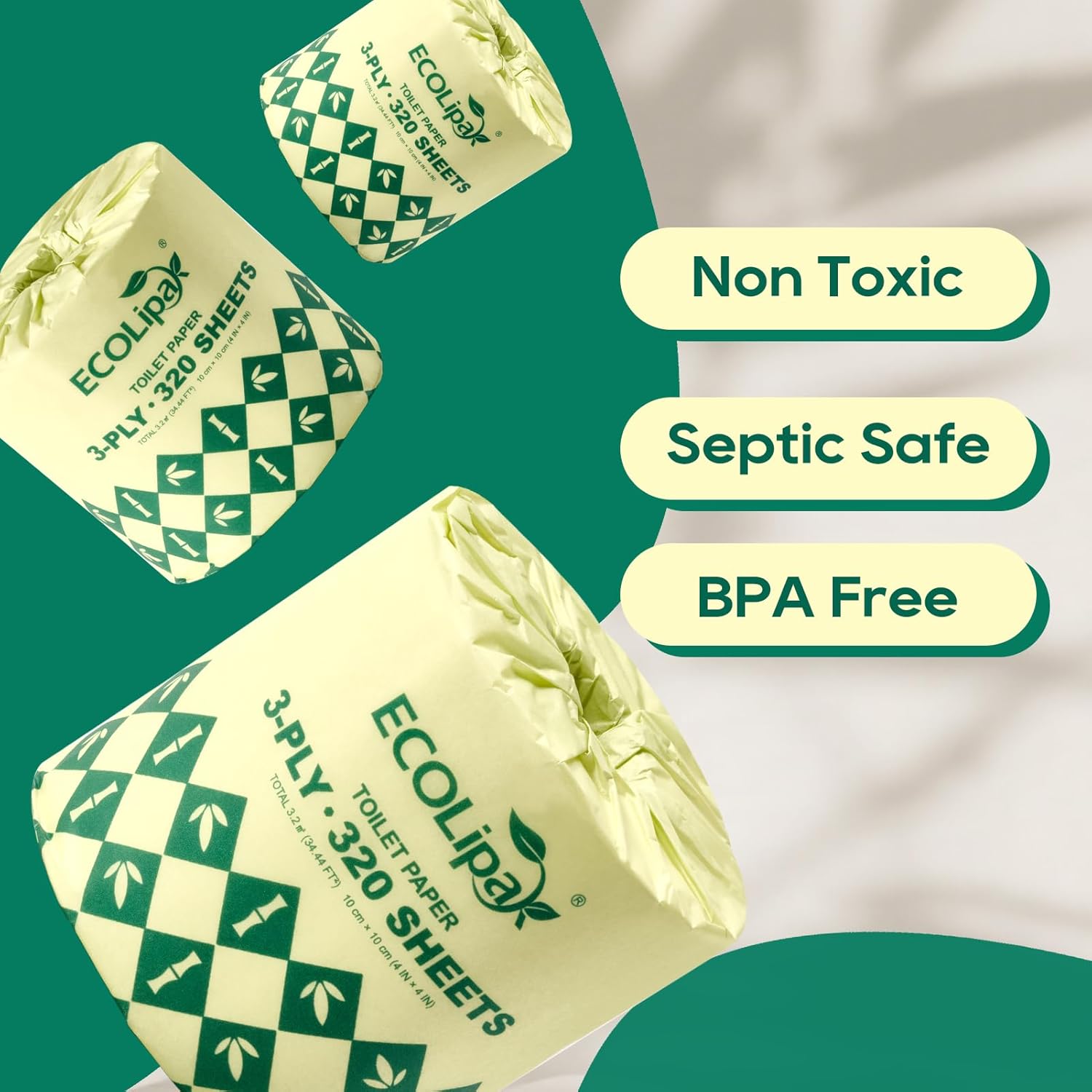 Bamboo Toilet Paper 3 Ply, Septic Safe Toilet Tissue, 12 Double Rolls, 320 Sheets Per Roll, Tree Free, Non Toxic, Soft and Absorbent, Eco Friendly Dye-Free Paper, White