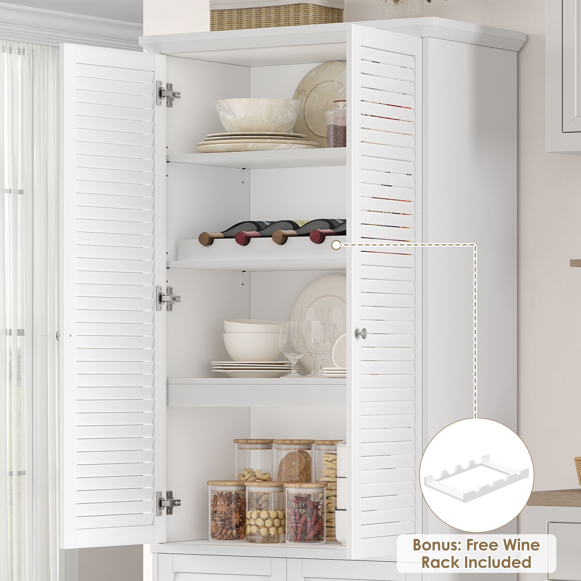 Homfa 70.9'' Tall Kitchen Pantry with Adjustable Shelf, Coastal 4 Louvered Doors Pantry Storage Cabinet for Dining Room, White
