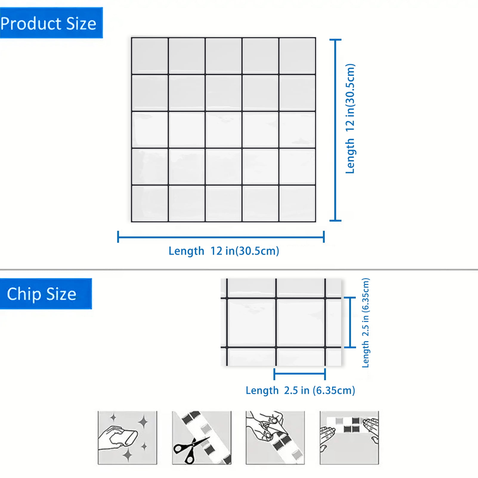 DEWOO Thick Square Kitchen Peel and Stick Backsplash Mosaic Tiles Square Self Adhesive Wall Tile Checkerboard Checkered Stickers,White (10-Sheet,12"x12")