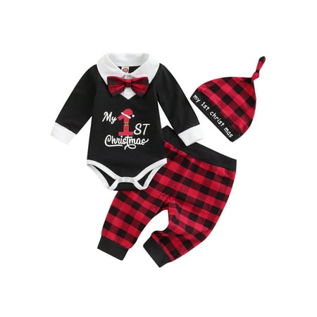 

SHIBAOZI Newborn Baby Boys Gentle My first Christmas Suit Set Letter Print Lapel Long Sleeve Romper Plaid Trousers with Hat