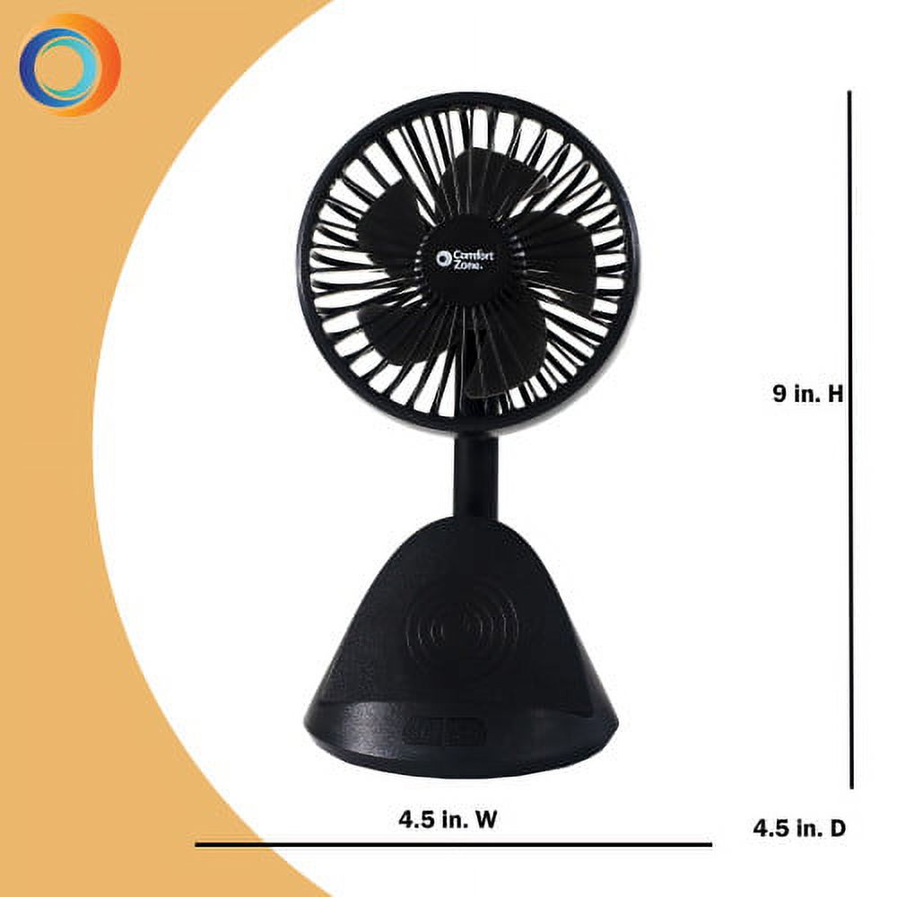 Comfort Zone 4” 3-Speed Rechargeable Fan w/Built-In Wireless Charger, Black