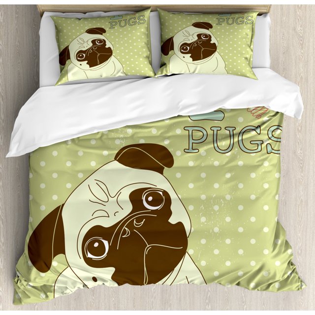 Pug Duvet Cover Set Queen Size, Cute Little Dog with Tilted Head with