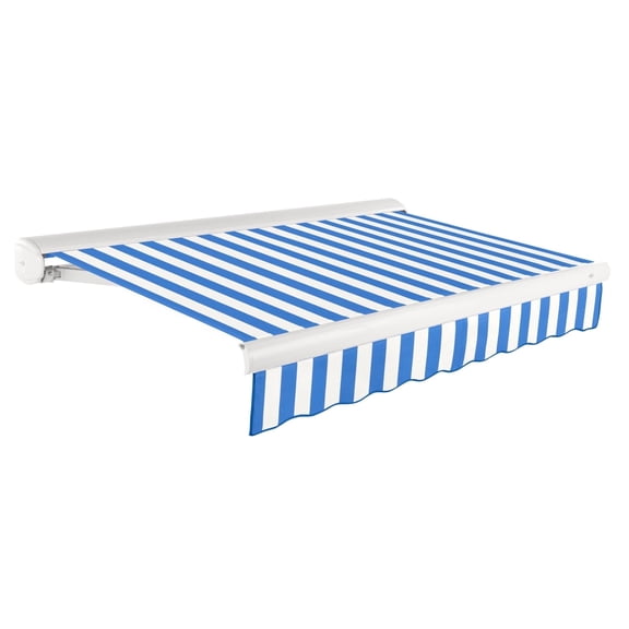 Awntech 10 Ft Key West Right Motorized Heavy Duty Patio Retractable Awning with Cassette (120in x 9.38in x 96in), Bright Blue/White Stripe