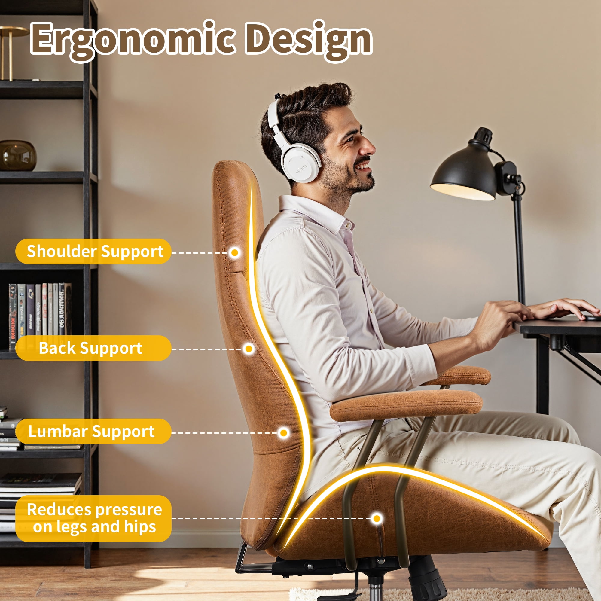 Toject Ergonomic Office Chair, High Back Comfy Home Office Chair with Lumbar Support, Mid-Century Modern Computer Executive Desk Chair with Padded Armrests (Suede Leather, Brown)