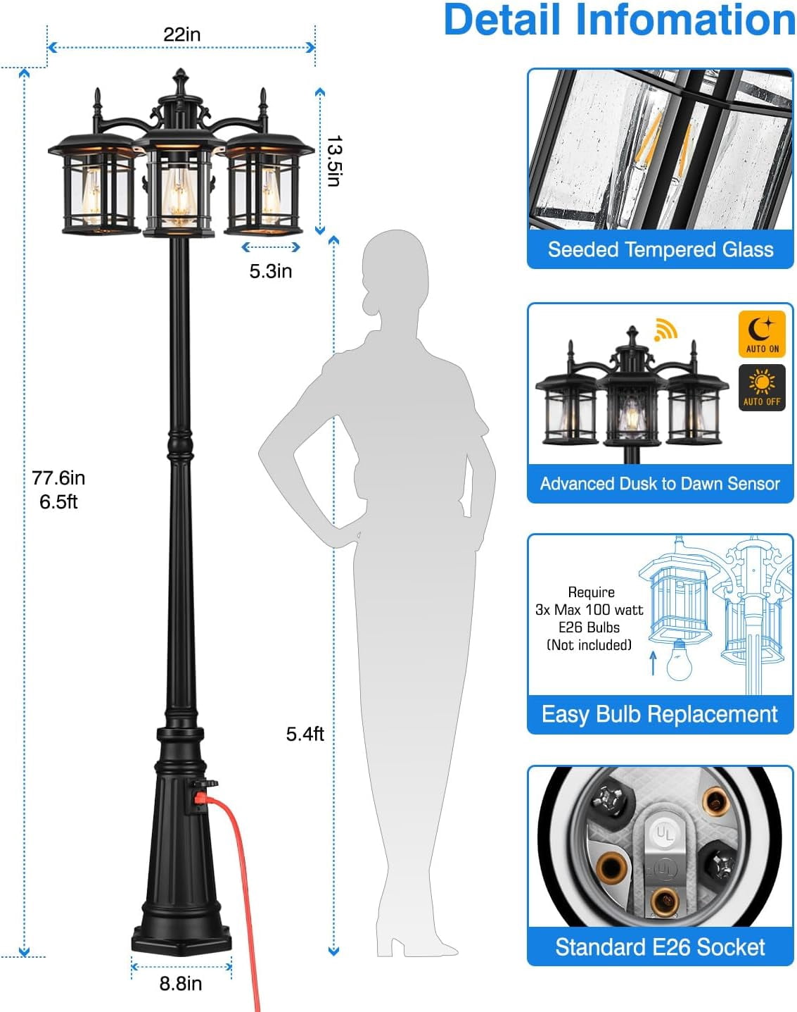 VIANIS Outdoor Lamp Post Light with Outlet 3-Head, Waterproof Outdoor Lamp Post Sconce, Anti-Rust Black Dusk to Dawn Street Light Pole for Garden, House, Doorway, Weather Resistant