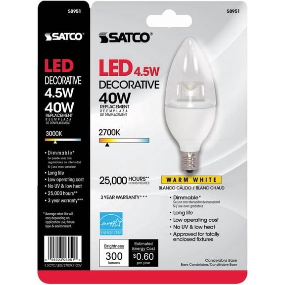 Satco S8951 LED B11 Light Bulbs 4.5W 120V 2700K E12 Candelabra Base Dimmable (12 Pack)