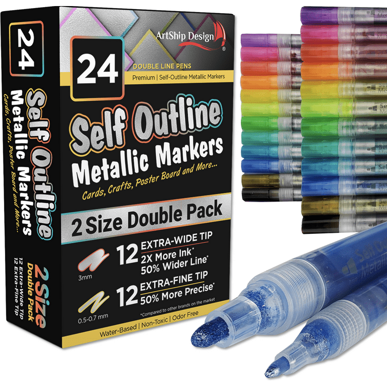 24 Self Outline Metallic Markers Double Pack, Fine & Medium Tip
