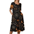 thumbnail image 5 of Women's Halloween Print Round Neck Dress with Pockets Short Sleeve Loose Midi Casual Dress Plus Size for Autumn Daily Wear Party Black L, 5 of 6