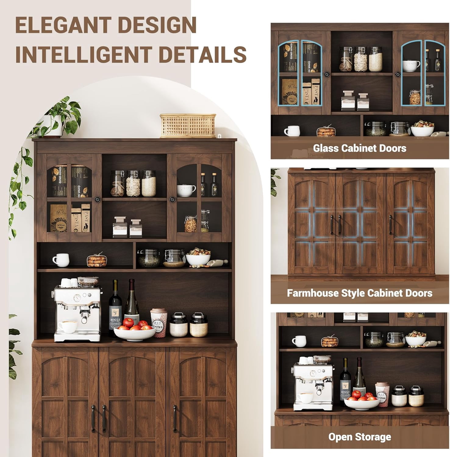 Pantry Cabinet with Charging Station, Tall Kitchen Pantry Storage Cabinet with Hutch,70.9 Inch Kitchen Cabinet with Glass Doors, for Dining Room