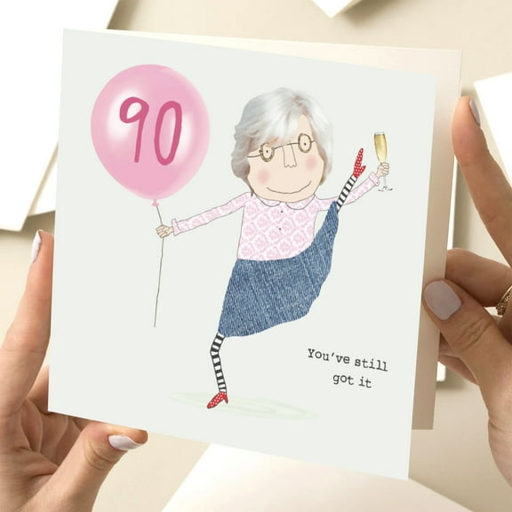 90th Birthday Card – Cheerful Design with Balloon and Glass – Perfect for Celebrating a Milestone Birthday, Includes Envelope, Blank Inside for Personal Messages