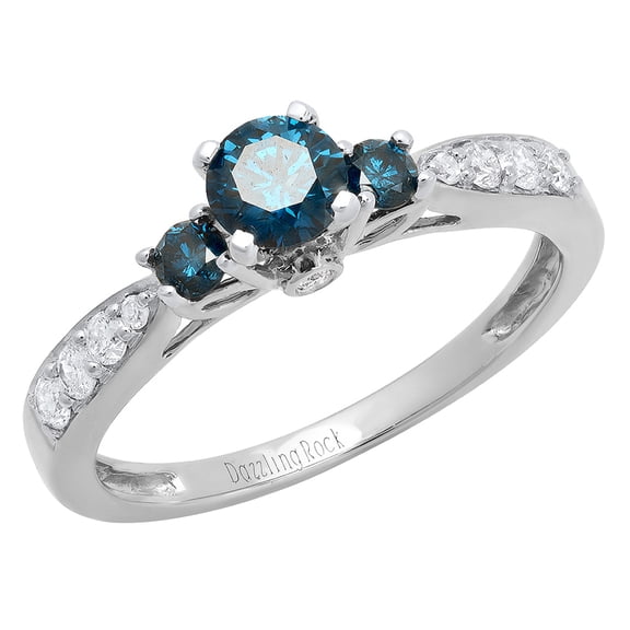 Dazzlingrock Collection 1.00 Carat (ctw) 14K Blue And White Diamond 3 Stone Bridal Engagement Ring 1 CT, White Gold, Size 8