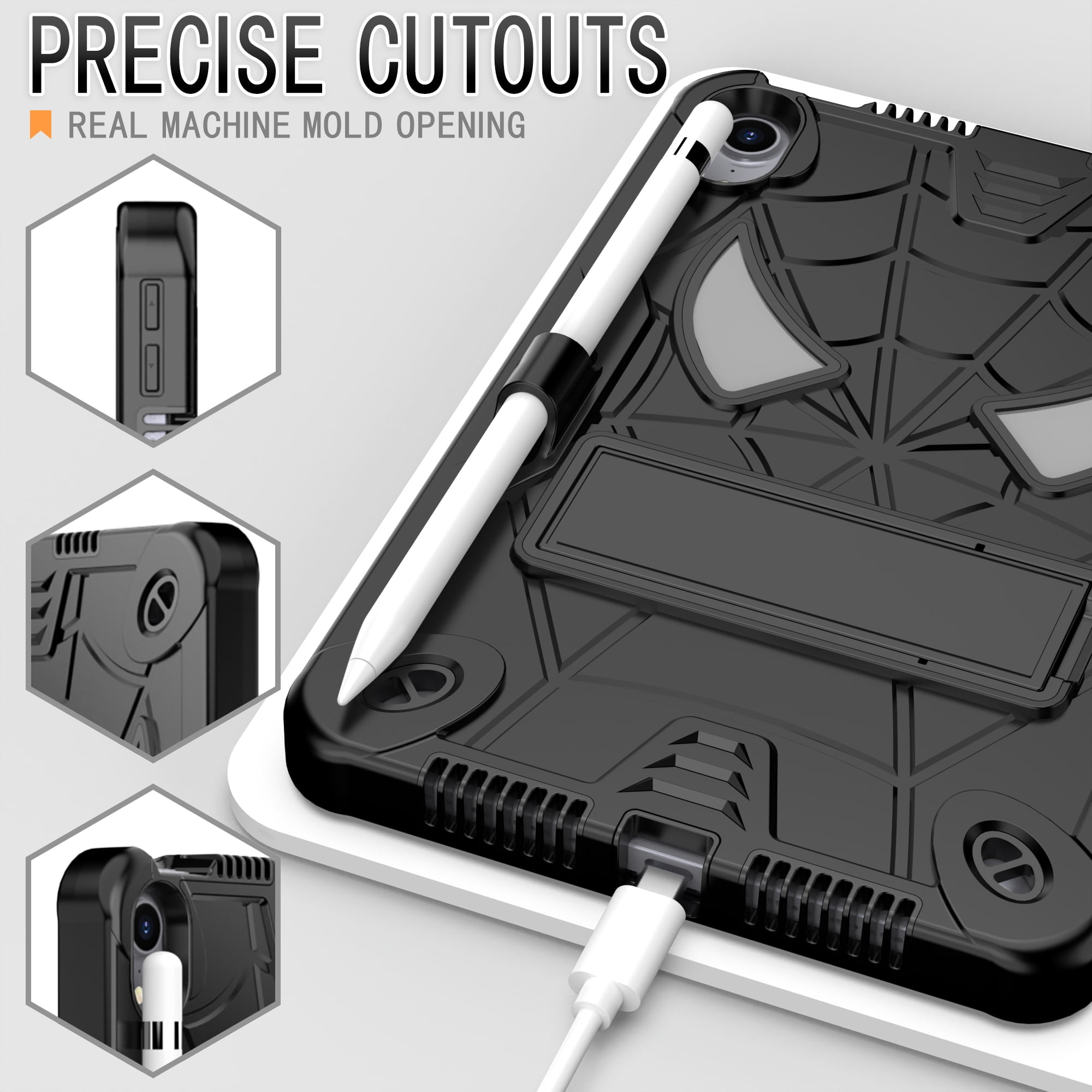 TECH CIRCLE for iPad Mini 8.3" (A17 Pro), iPad Mini 6 (8.3") 3-Layer Rugged Shockproof Case with Shoulder Strap, Built-in Kickstand, Pencil Holder, Cute Spider Heavy Duty Tablet Cover, Black