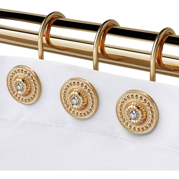 Gold Shower Curtain Hooks, Rust Proof Shower Curtain Rings for Bathroom, Modern Metal Decorative Shower Hooks Hangers for Shower Curtain Rod, Medallion Button Shape Set of 12 Warm Gold