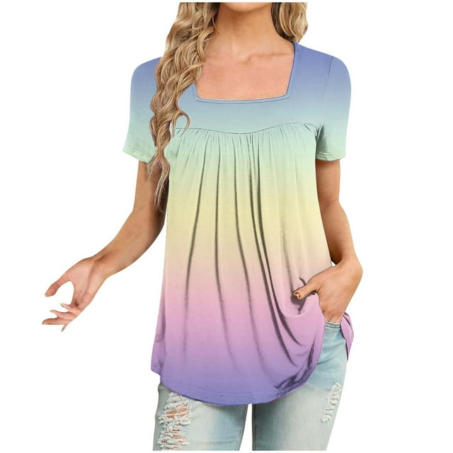 ameIAEA Square Neck Tops for Women Short Sleeve Summer Tunic Tops Color Block Ruffle Blouse