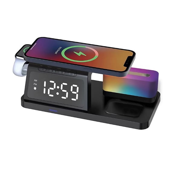 Restored Smartpoint Wireless Charging Alarm Clock with Night Light, Smart Watch and Earbuds Charging Stations (Refurbished)
