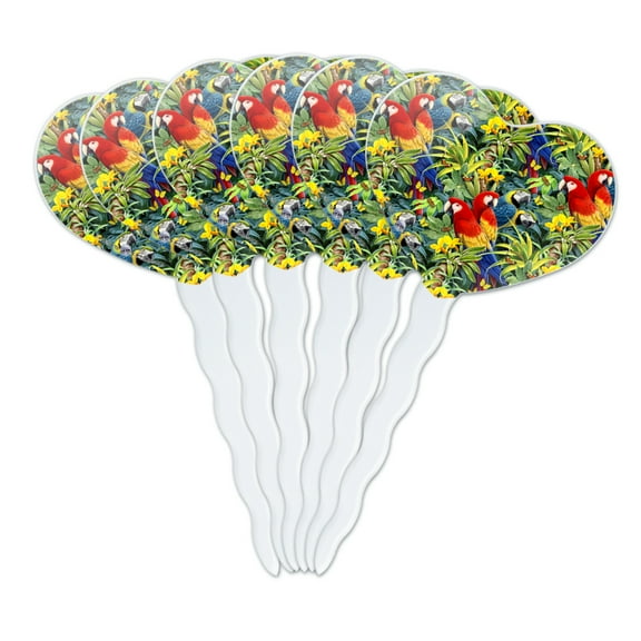 Majestic Macaws Colorful Rainforest Pattern Heart Love Cupcake Picks Toppers Decoration Set of 6