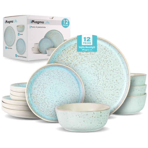 MAGMALIFE Vajilla Moonlight, Set De 12 Piezas De Gres Resistente A Rayaduras, Con Platos Grandes, Pequeños Y Tazones. Elegante, Duradera, Para 4 Personas, Apta Lavavajillas Y Microondas (Beige)
