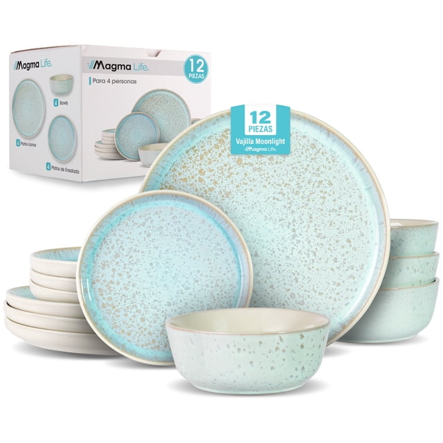 MAGMALIFE Vajilla Moonlight, Set De 12 Piezas De Gres Resistente A Rayaduras, Con Platos Grandes, Pequeños Y Tazones. Elegante, Duradera, Para 4 Personas, Apta Lavavajillas Y Microondas (Beige)
