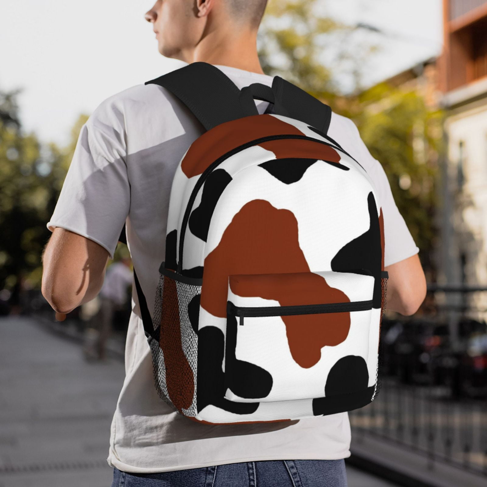 Vsdgher Brown Black Cow Print Unisex Large Capacity Bookbag Schoolbag Casual Daypack for High School/College/Teens/Travel/Work