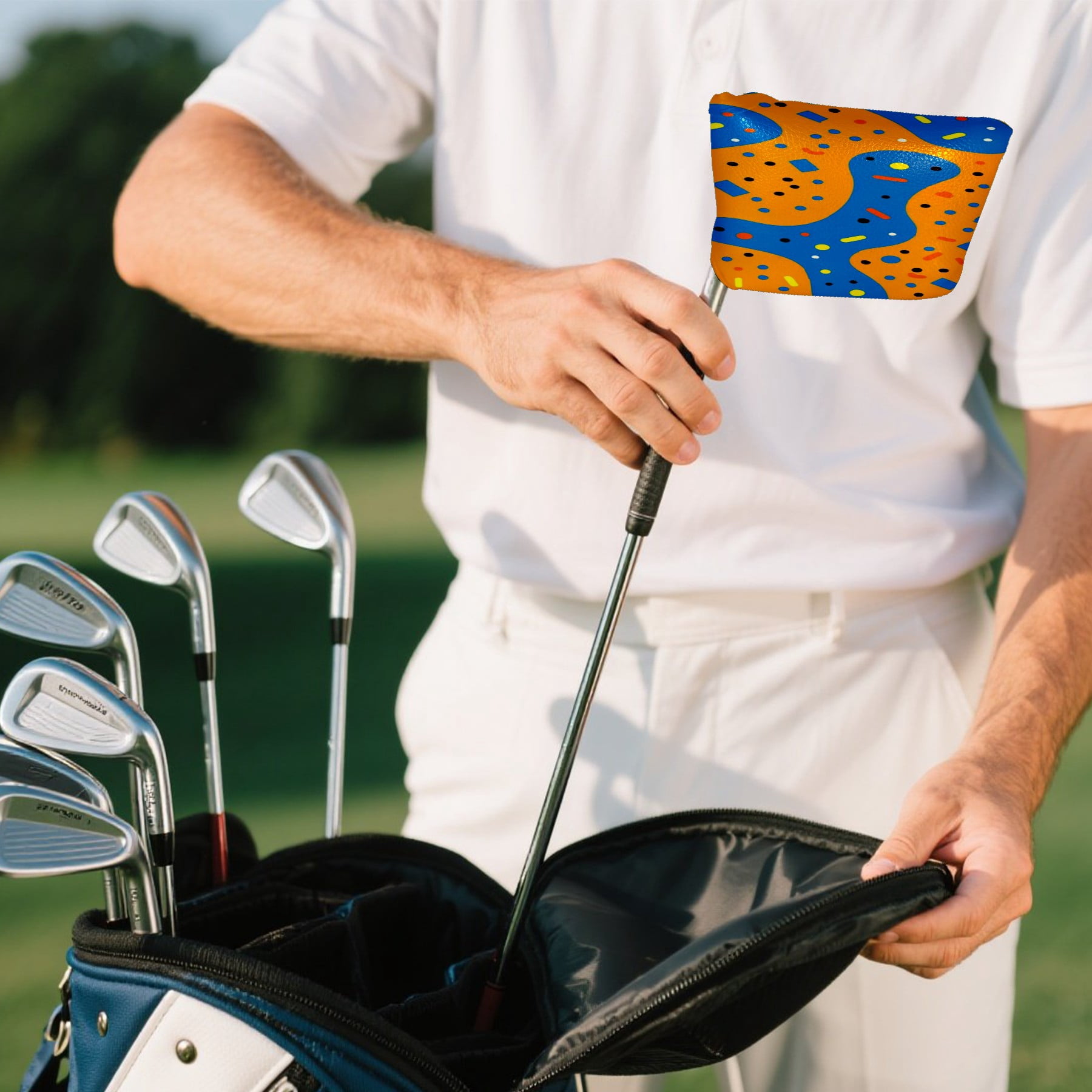 Golf Mallet Putter Cover Premium Leather Golf Putter Head Cover with Magnetic Closure Golf Cover for Men and Women Orange Blue Polka Dots