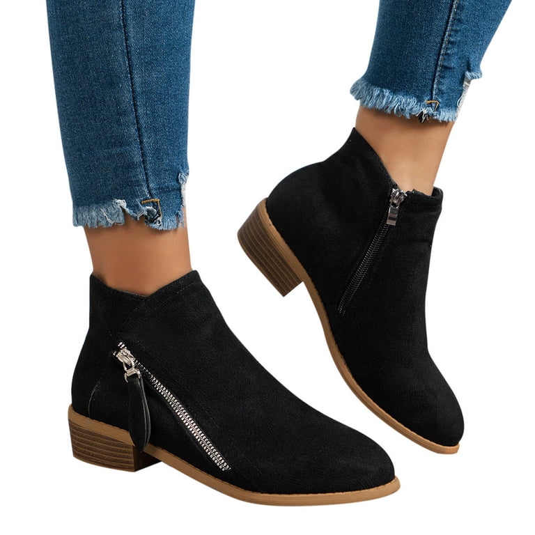 Vintage Women Slip On Boots Pointed Toe Round Thick Heel Solid Low 