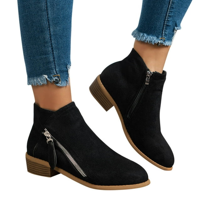Cameland Vintage Women Slip On Boots Pointed Toe Round Thick Heel Solid Low Cut Side Zipper Short Shoes