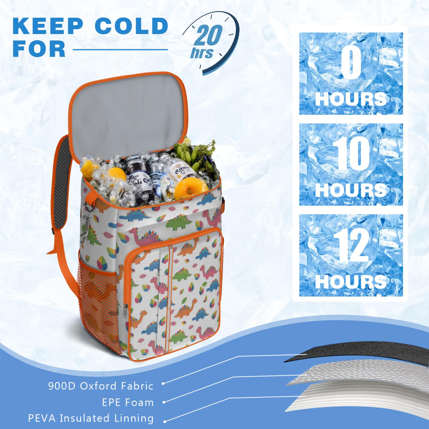 Travel Cooler Bag - White Dinosaurs Colorful Leaves Pattern Camping Beer Cooler Backpack with Bottle Opener- Waterproof Insulated Picnic Backpacks - Cooler Bag for Beach