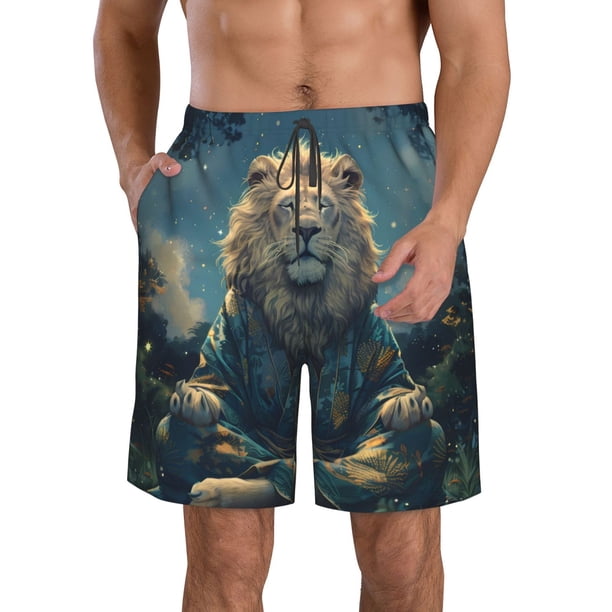 Fotbe Starry Sky Meditating Lion Trajes de Baño Estampados para Hombre, Shorts de Verano de Secado Rápido, Ropa de Playa, Bañadores-3X-Large