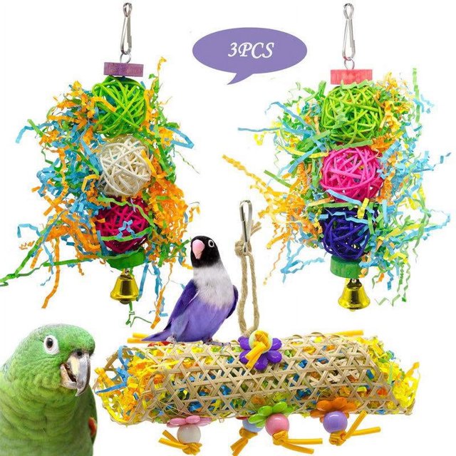 2pcs Parrot Chew Toys Parrot Cage Toys & Accessories, Brushed Rattan Ball Parrot Toys Grass Wood Toys