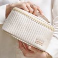 thumbnail image 4 of Bolsa de cosméticos portátil de PU de gran capacidad con asa de color sólido para mujeres y niñas, 4 of 9