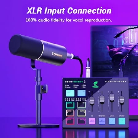 TONOR Podcast Equipment Bundle, Gaming Audio Interface and XLR Dynamic Microphone Set, USB Audio Mixer with RGB Lighting, for Gaming & Streaming, Content Creators, High Fidelity, Studio Quality Set