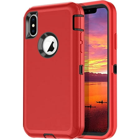 iPhone Xs Heavy Duty Case {Shock Proof-Shatter Resistant -3 Layer Rubber- Compatible for iPhone Xs and iPhone X} Color Red - By Entronix