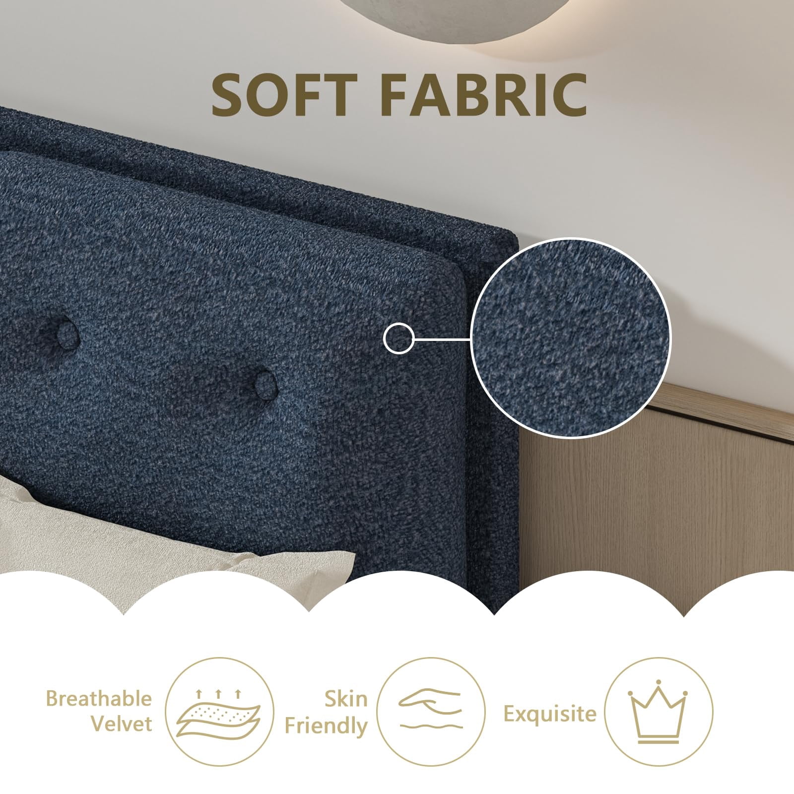 4 EVER WINNER King Bed Frame, King Size Bed Frame with Headboard, Boucle Bed Frame with Removable Pillow Upholstery, No Box Spring Required, Easy Assembly, Navy Blue