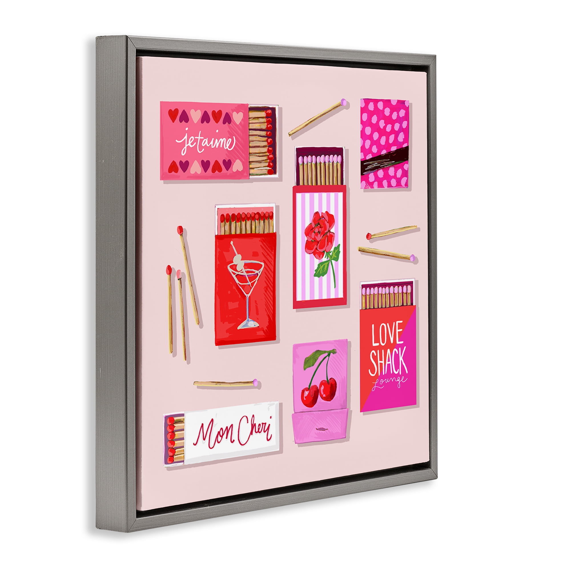 Stupell Industries Je T'aime Romantic Matchbox Set Gray Framed Floater Canvas Wall Art, design by Rachael Reese