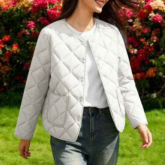 Fanxing Plus Size Quilted Jacket for Women Casual Button Down Collarless Puffer Coat Winter Warm Lightweight Outerwear with Pockets 4XL