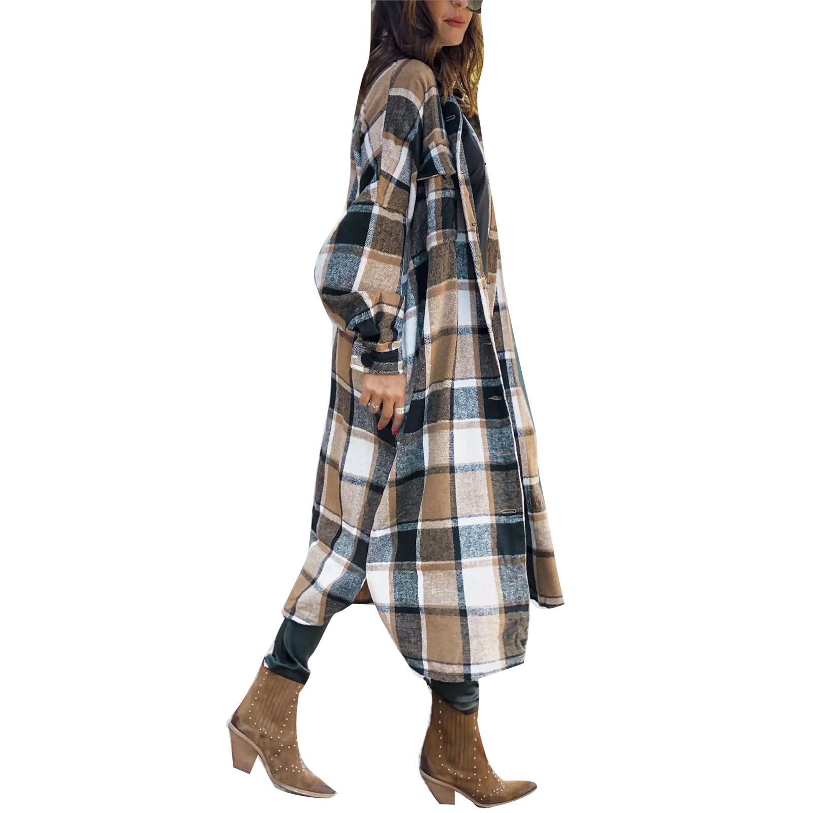 Kiapeise Female Overcoat, Plaid Turn-Down Collar Long Sleeve Woolen Coat for Women - image 2 of 6