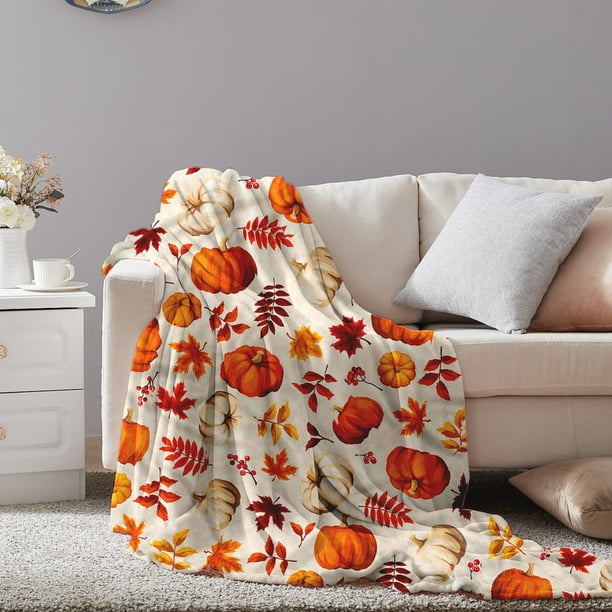 Manta de Calabaza de Otoño | Manta Ligera y Suave de Forro Polar | Colores Otoñales: Naranja, Amarillo y Crema | Franela de Microfibra Cálida y Acogedora | Decoración de Acción de Gracias | Uso En In