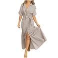 thumbnail image 3 of Xaqiouau Women Solid Color V Neck Short Sleeve Wrap Maxi Dress Waist Tie Front Slit Elegant Flowy Boho Chic Casual Vacation Daily Summer Dress Beige S, 3 of 5