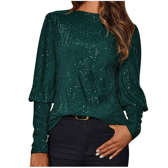 Mgmyaa Women's Glitter Long Sleeve Tops Crew Neck Casual Party Tunic Tops Loose Fit Daily Comfortable Shirt