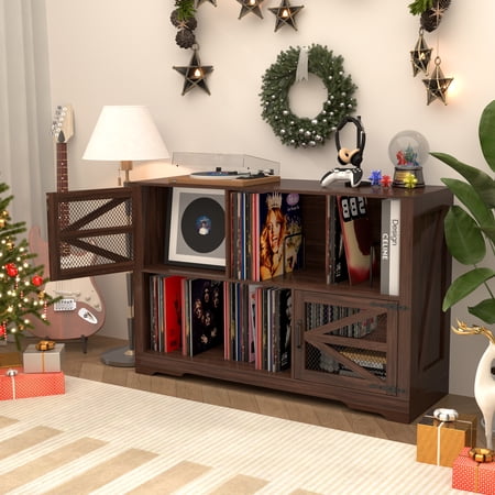 WARAYZ Farmhouse Record Player Stand, Barn Door Media Storage Cabinet with Charging Station, Adjustable Shelves, Metal Dividers, Large Capacity, Walnut