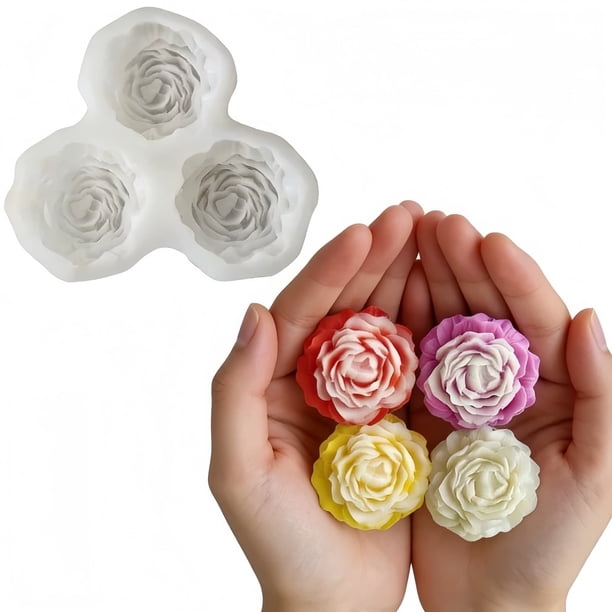 Vela de peonía: molde de silicona de 3 cavidades para fondant de peonía, apto para resina epoxi floral, cera, jabón, arcilla, yeso, velas de té, gelatina, chocolate y pasteles hechos a mano