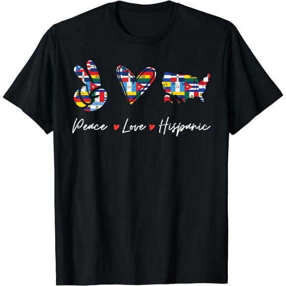 Peace Love Hispanic Heritage Countries Flags Men Women Kids T-Shirt